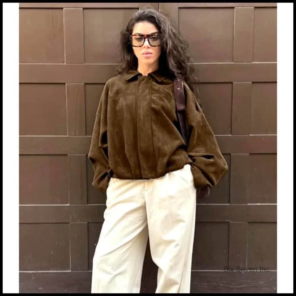 Faux Suede Bomber Jacket Oversized Lapel Long Dolman Sleeves Streetwear Chic - Picture 5 of 7